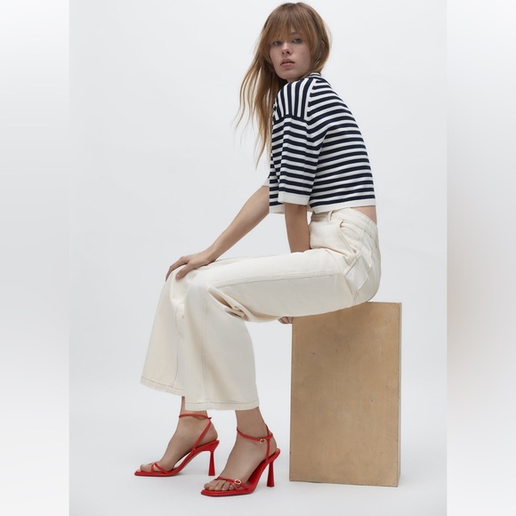 ZARA RED STRAPPY HEELED 100% LEATHER SANDALS - Picture 2 of 11